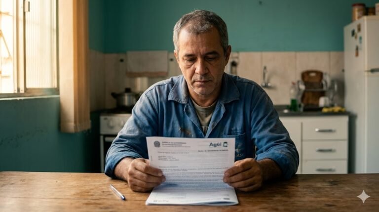 Trabalhador brasileiro de meia-idade lendo carta de indeferimento do INSS em mesa de escritório, expressão preocupada, tons de teal e âmbar