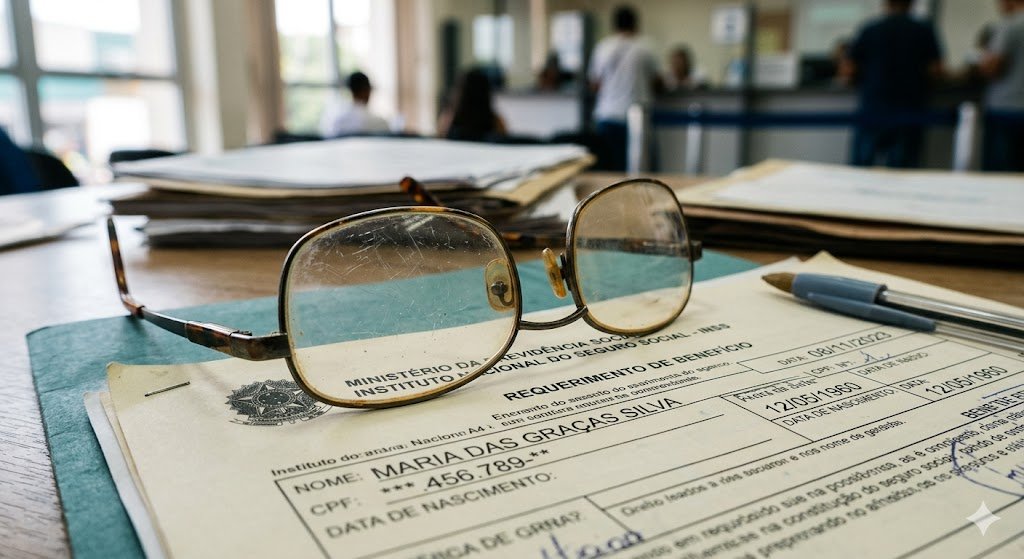 Homem de meia-idade olhando para documentos do INSS com expressão preocupada — visão monocular e aposentadoria PcD