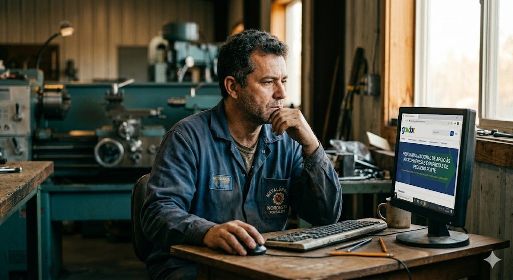 Trabalhador de meia-idade em ambiente industrial consultando documentos do INSS, expressão preocupada, tons teal e âmbar ALT TEXT