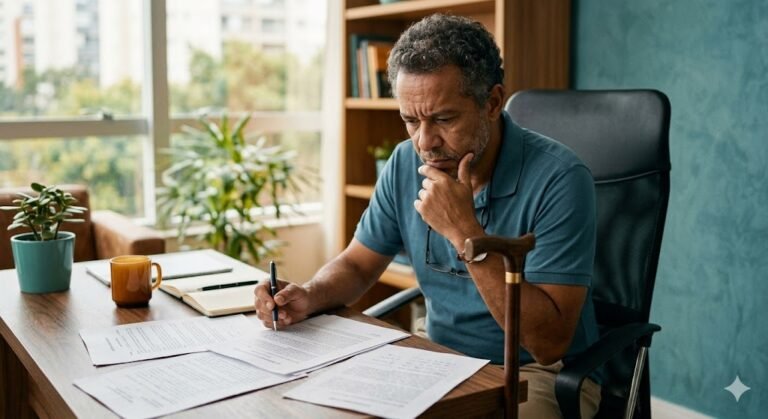 Pessoa com deficiência física analisando documento do INSS em mesa de trabalho — revisão de aposentadoria PcD