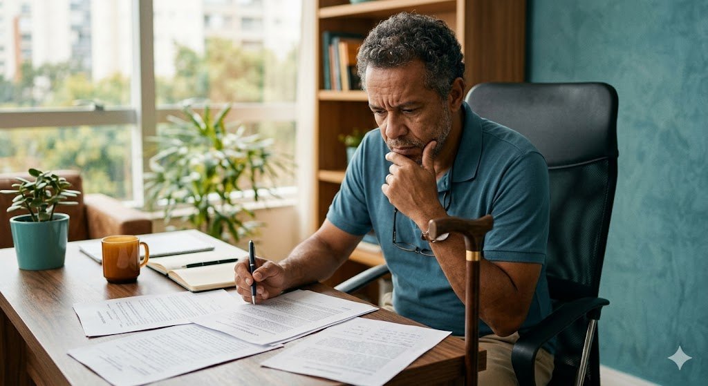 Pessoa com deficiência física analisando documento do INSS em mesa de trabalho — revisão de aposentadoria PcD