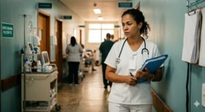 Auxiliar de enfermagem com jaleco branco consultando documentos previdenciários em mesa hospitalar, iluminação teal e âmbar suave