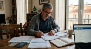 Brasileiro de meia-idade analisando documentos de contribuição para se aposentar no Brasil morando em Portugal