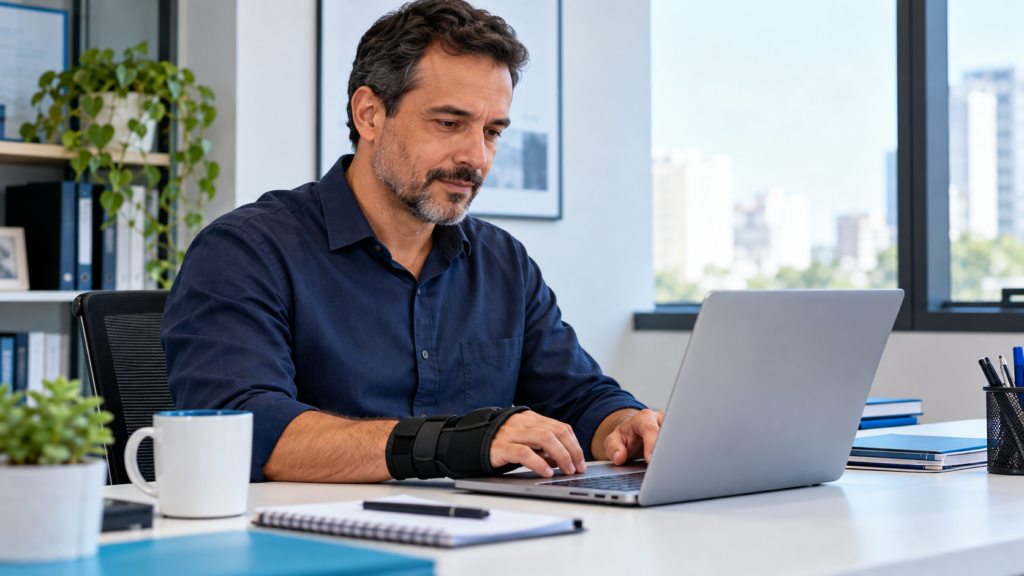 Homem com órtese no punho trabalhando em um notebook sobre uma mesa de escritório.