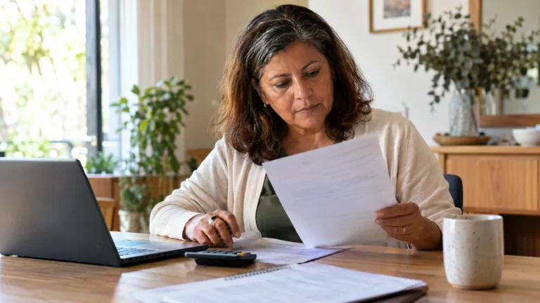 Mulher conferindo documentos de contribuições previdenciárias, com calculadora e notebook à mesa.